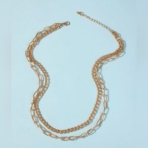Unisex Double Luxe Gold Chain Necklace Layered Link & Curb Combo